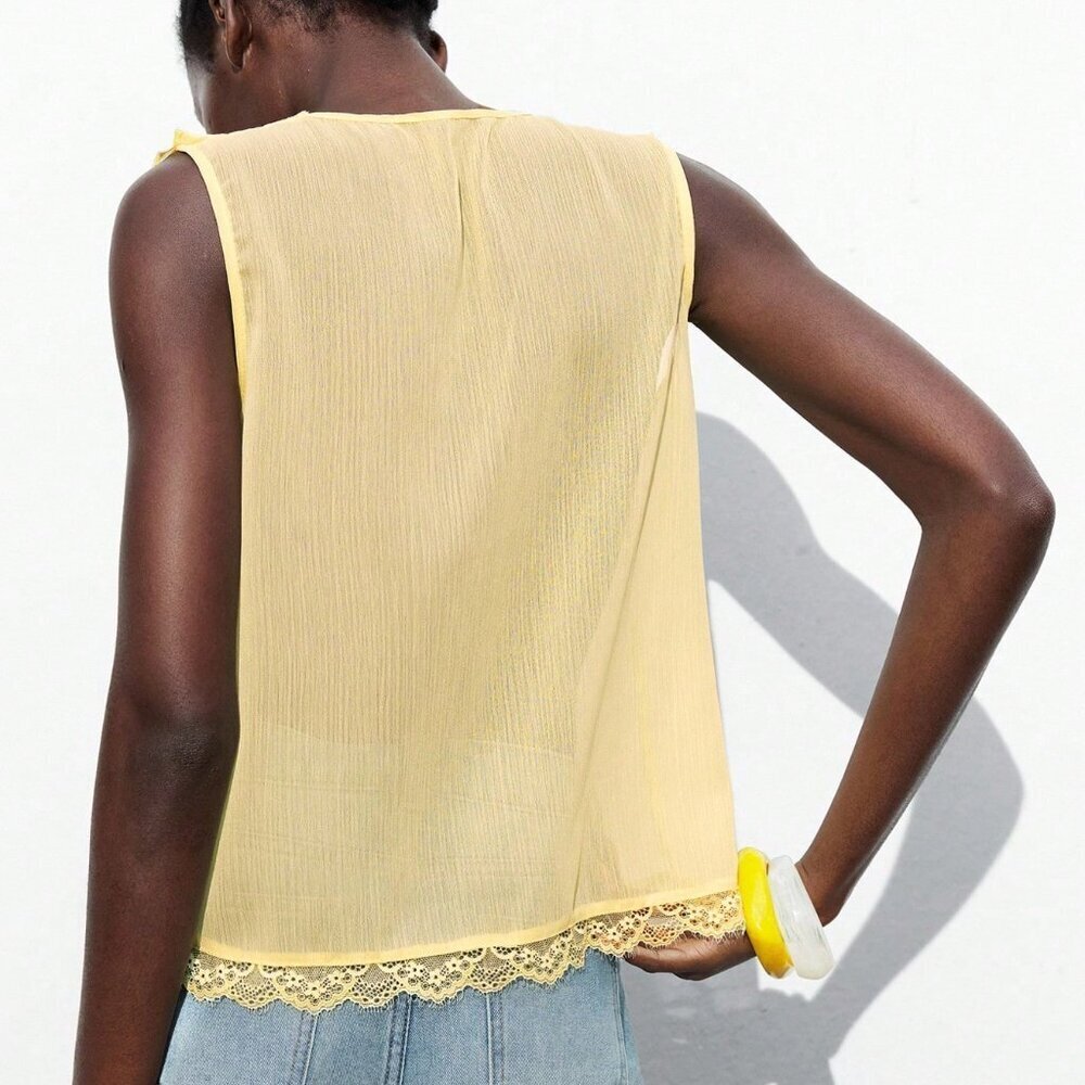Yellow Casual Women's Lace Deep V Neck Sleeveless Blouse - Picture 7 of 7